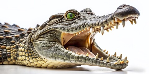 Naklejka premium Close-up of a Crocodile's Open Jaws, Isolated on White Background - Wildlife Photography