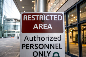 Obraz premium A sign indicating a restricted area, allowing access only to authorized personnel, in an urban setting with modern architecture.