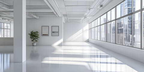 Obraz premium Modern Loft Interior Design: A minimalist aesthetic reigns in this airy and spacious loft, featuring white walls, polished concrete floors.