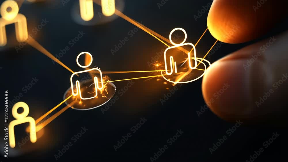 Poster orange light illuminates web interconnected user icons on a dark world map, symbolizing global commu