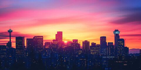 Cityscape Sunset: Vibrant hues paint the sky as the sun sets behind a modern city skyline, casting a warm, dramatic glow on skyscrapers and illuminating the urban landscape.