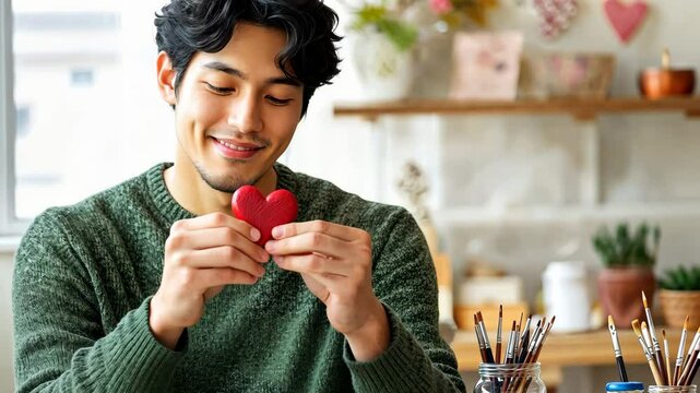 A Love for the Little Things: A young man's eyes sparkle with warmth as he holds a delicate heart-shaped object, a gesture of tender affection and appreciation for life's simple joys.