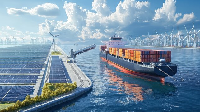 A modern port scene featuring a cargo ship, solar panels, and wind turbines, highlighting sustainable energy and maritime transport.