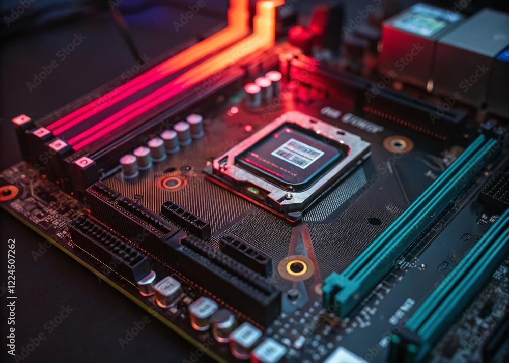 Poster close-up of a powerful computer graphics card, detailed tech component, generative ai render