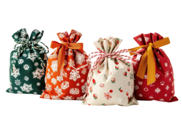Festively wrapped gift bags with colorful patterns displayed together on a white surface, ready for holiday celebrations isolated on transparent background