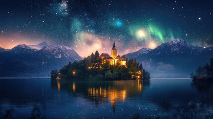Fototapeta premium A peaceful island with a luminous castle under breathtaking auroras and a starry night sky