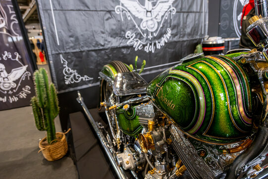 Verona, Italy : 2025 01 24 MBE Motor Bike Expo Custom Motorbike and Custom Muscle Car Event Harley Davidson Chopper: Custom Motorcycle