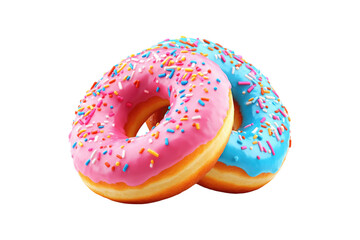 Colorful donuts with pink and blue frosting and sprinkles isolated on white or transparent, PNG