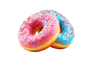 Colorful donuts with pink and blue frosting and sprinkles isolated on white or transparent, PNG
