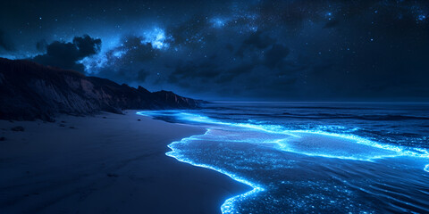 Fototapeta premium Bio-luminescent Waves: A mesmerizing vista of bioluminescent waves crashing against a sandy shore, casting an ethereal blue glow beneath a star-studded sky.