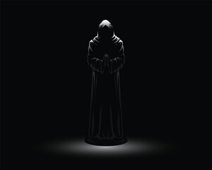 vector design of a person in a black robe with a head covering standing under the light on a black background