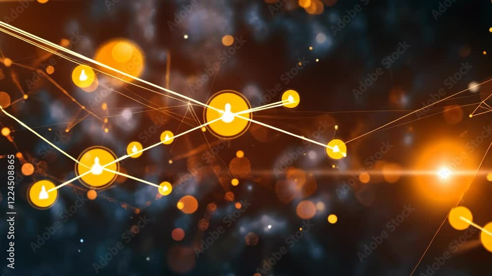 Poster complex network connections expanding and glowing in a technological space with an orange bokeh effe