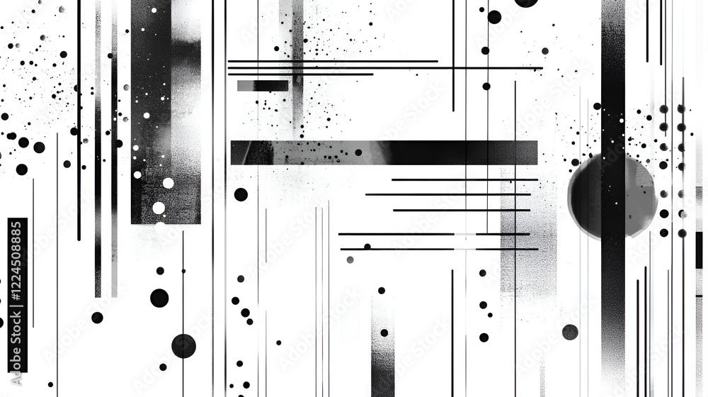 Poster abstract monochrome composition: a dynamic interplay of black and grey shapes, lines, and dots creat