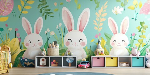 Cute animal wallpaper with cartoon-style bunnies in a cheerful child's playroom