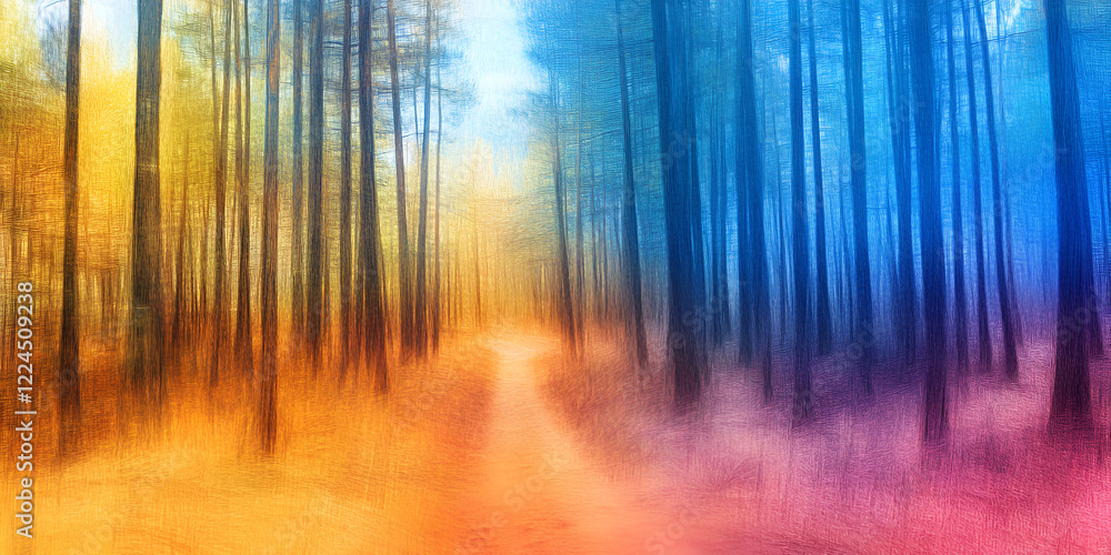 Poster enchanted forest path: a magical path winds through a dreamlike forest, where the trees are bathed i