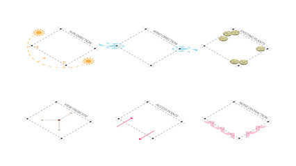 isometric architecture site analysis symbol icon element drawing graphic flat isolated vector. architecture element line sun wind sound sun path vegetation.