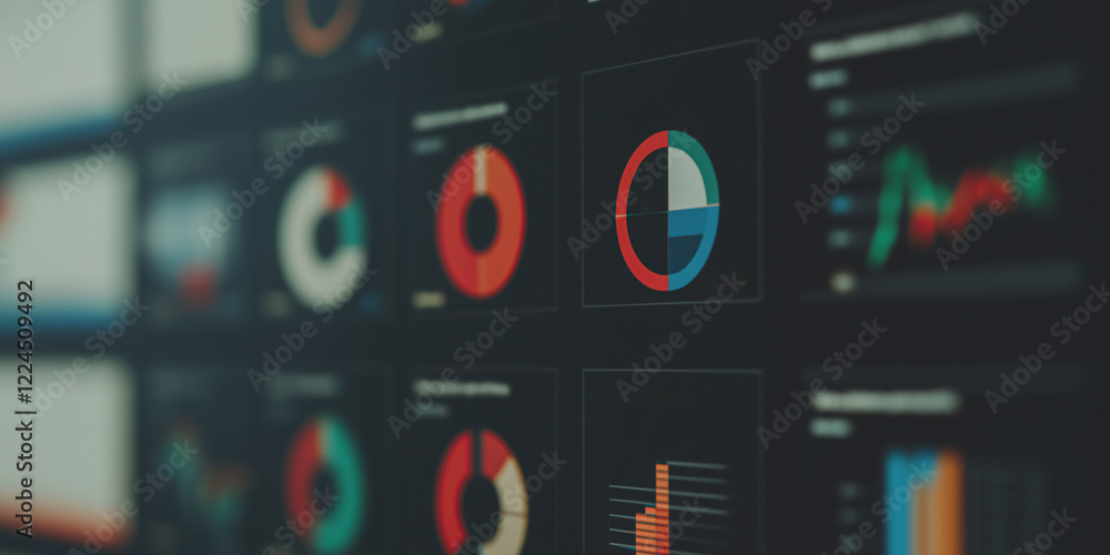 Poster data-driven insights: a close-up view of a computer screen displaying an array of charts and graphs,