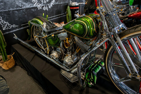 Verona, Italy : 2025 01 24 MBE Motor Bike Expo Custom Motorbike and Custom Muscle Car Event Harley Davidson Chopper: Custom Motorcycle
