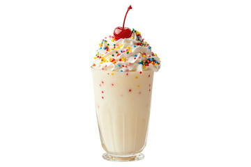 Vanilla milkshake with whipped cream, sprinkles and cherry on top isolated on white or transparent, PNG