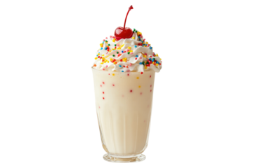 Vanilla milkshake with whipped cream, sprinkles and cherry on top isolated on white or transparent, PNG