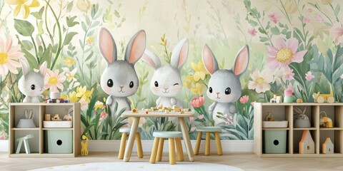 Cute animal wallpaper with cartoon-style bunnies in a cheerful child's playroom