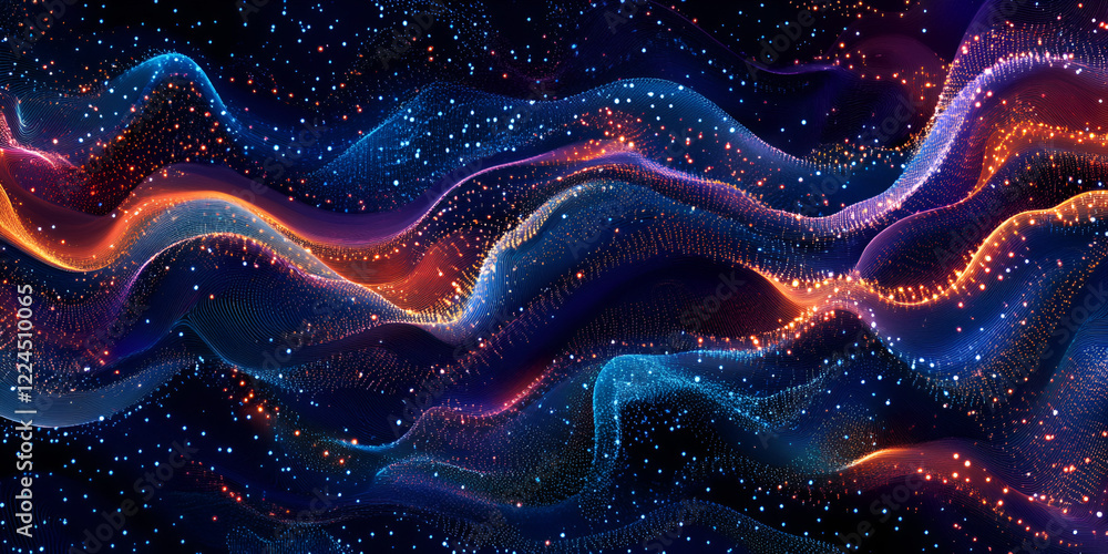 Poster cosmic flow: a mesmerizing abstract background with vibrant blue, orange, and red glowing lines weav
