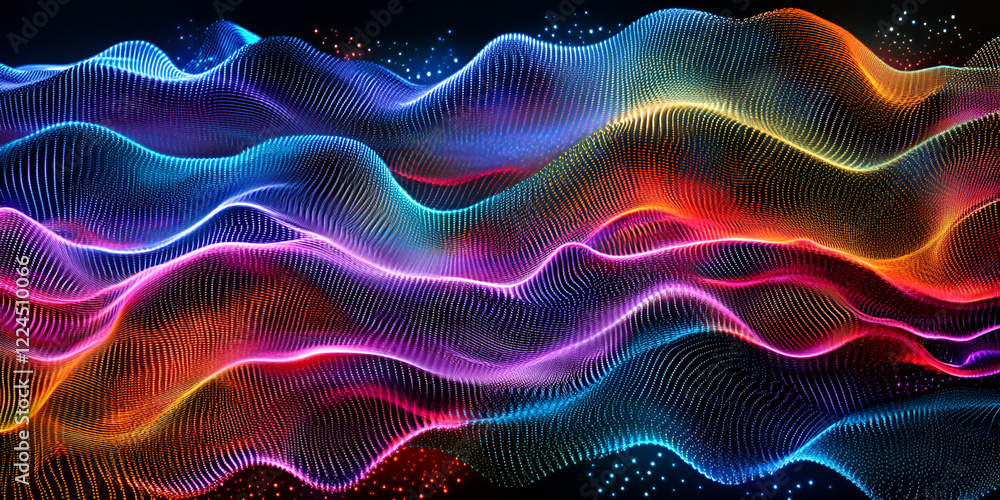 Poster neon wave abstract: vibrant, multicolored waves of light flow across the frame in a mesmerizing abst