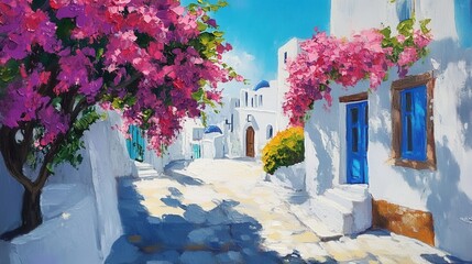 Watercolor of Traditional greek Santorini house with bougainvillea flowers,Greece islands blue white traditional cafe restaurant architecture,Santorini blue door window,Mediterranean scene.