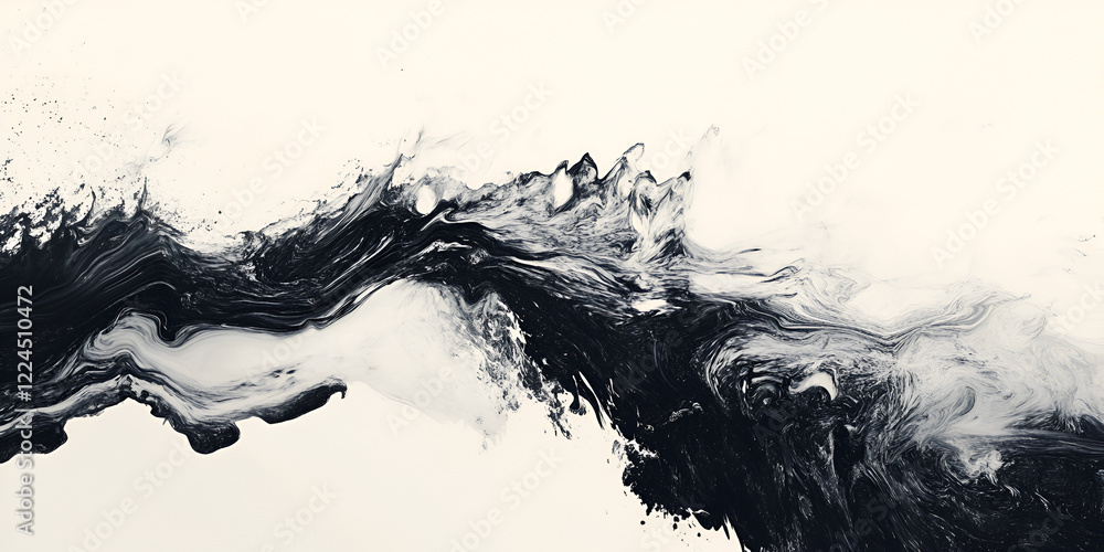 Poster abstract ink flow: monochromatic abstract art featuring dynamic black ink flowing across a creamy of
