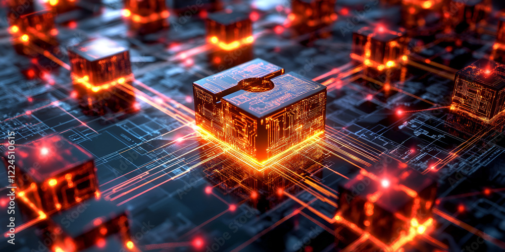 Poster interconnected blocks: a vibrant abstract digital artwork depicting a futuristic circuit board with 