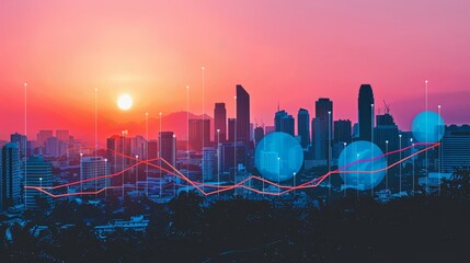 Graph of financial crisis and market downturn over city skyline at sunset showing real estate impact