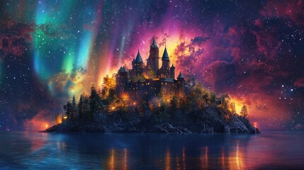 Fototapeta premium Enchanted castle on an island, surrounded by shimmering auroras and glowing constellations in the night