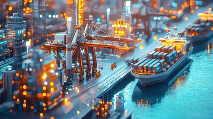 A vibrant port scene featuring cranes and a cargo ship, illuminated by city lights, showcasing maritime activity and logistics.