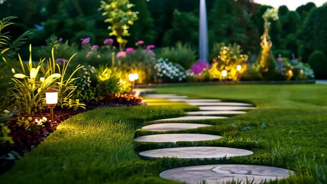 Enchanted Garden Path:  A winding stone pathway meanders through a lush, verdant garden, illuminated by warm, inviting lights.
