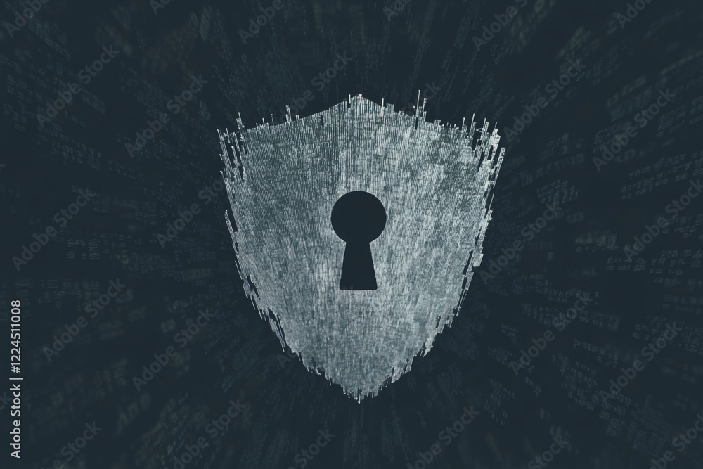 Poster cybersecurity shield: a digital shield, rendered in a futuristic style, stands as a symbol of data p