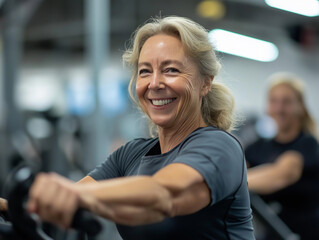 Obraz premium Happy, smiling senior woman working out on a bike at the gym with friends