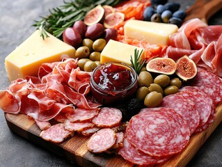 Appetizing charcuterie board with cheese salami figs olives and jam on wooden platter