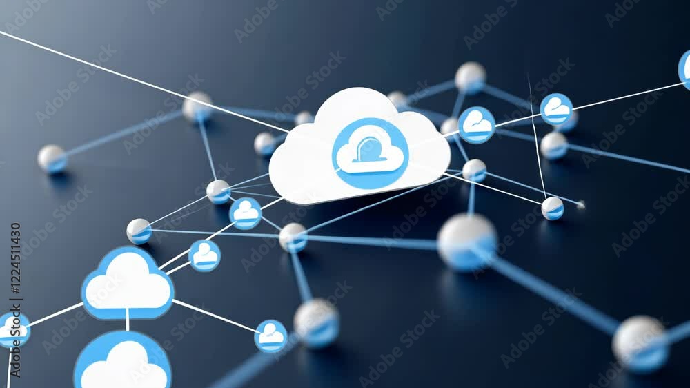 Poster cloud icon linking digital network nodes, symbolizing cloud computing, data storage, global connecti