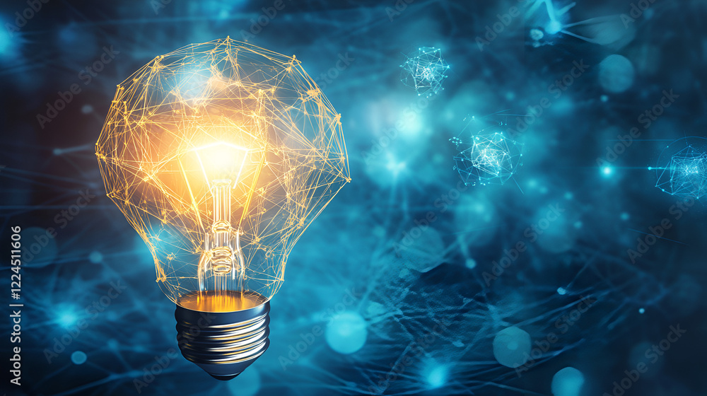 Poster illuminating innovation: a glowing lightbulb, rendered in a futuristic wireframe style, illuminates 