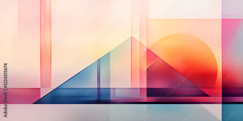 Poster abstract geometric composition: vivid hues and translucent geometric forms create a dynamic and visu