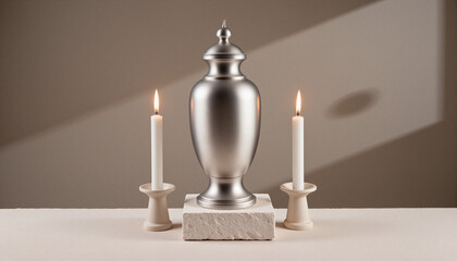 Elegant polished silver urn with lit candles on a stone platform, serene ambiance