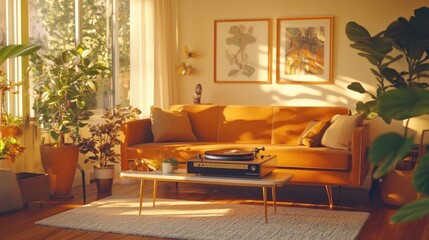 Fototapeta premium Stylish mid-century modern living room bathed in golden sunlight featuring a vintage record player and lush plants