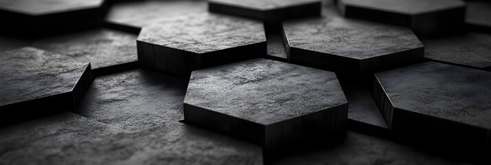 A series of interlocking hexagons in monochrome tones.