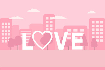Pink cityscape featuring the word “LOVE” with a heart replacing the “O.” Design for Valentine’s Day, romantic designs, wedding invitations, or love-themed projects.