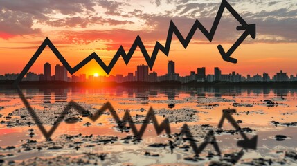 Financial crisis and market downturn graph overlay on city skyline at sunset, real estate impact.