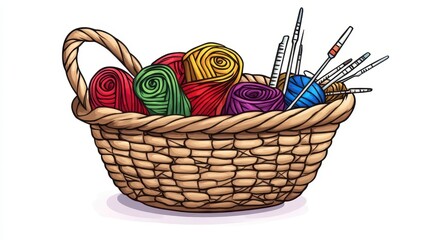 Colorful Yarn Rolls in Woven Basket with Knitting Supplies