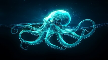 Glowing octopus underwater, dark ocean background,  science fiction illustration, website header