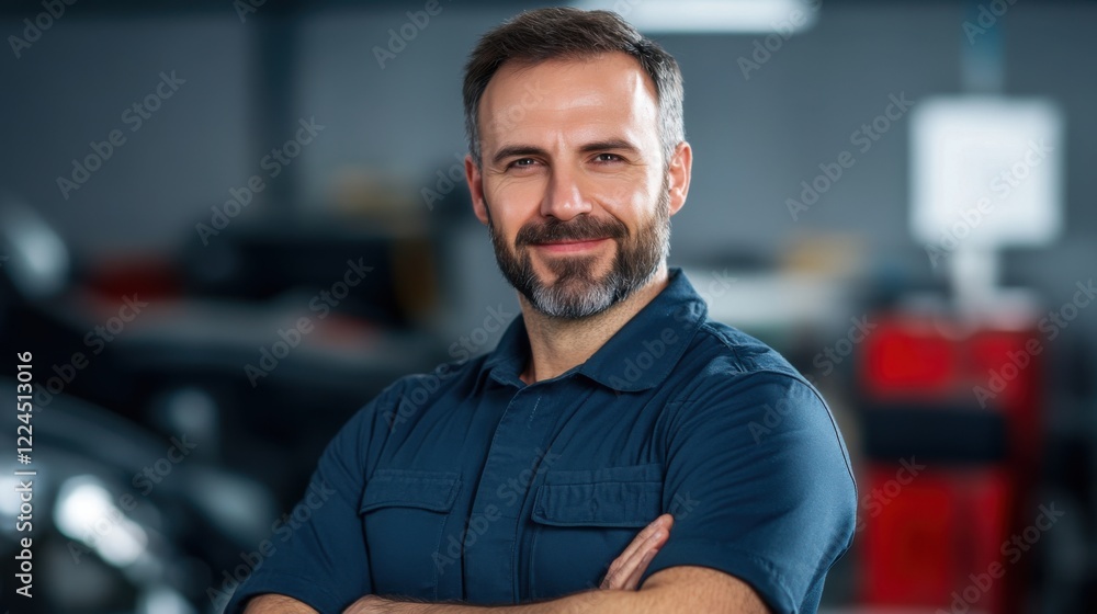 Poster confident male mechanic with beard smiling in garage setting with tools and equipment in background