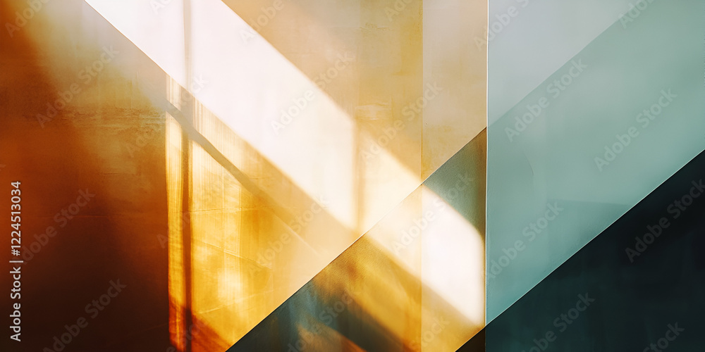 Poster golden light through window: abstract interplay of light and shadow as warm sunlight streams through