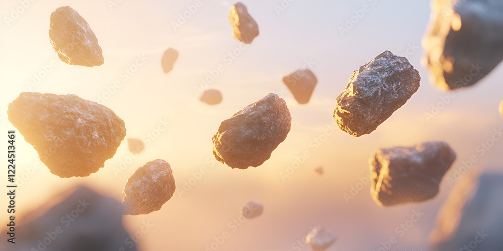 Poster cosmic debris at dawn: a mesmerizing image of numerous asteroids or meteoroids floating in the vast 